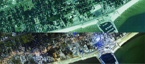Satellite view of Long Beach before and after Katrina